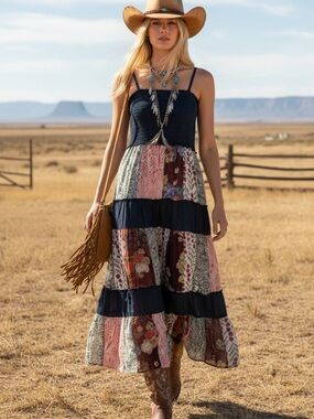 YOUNG THREADS XL SMOCKED DENIM W/ LATTE PATCHWORK MIDI DRESS
